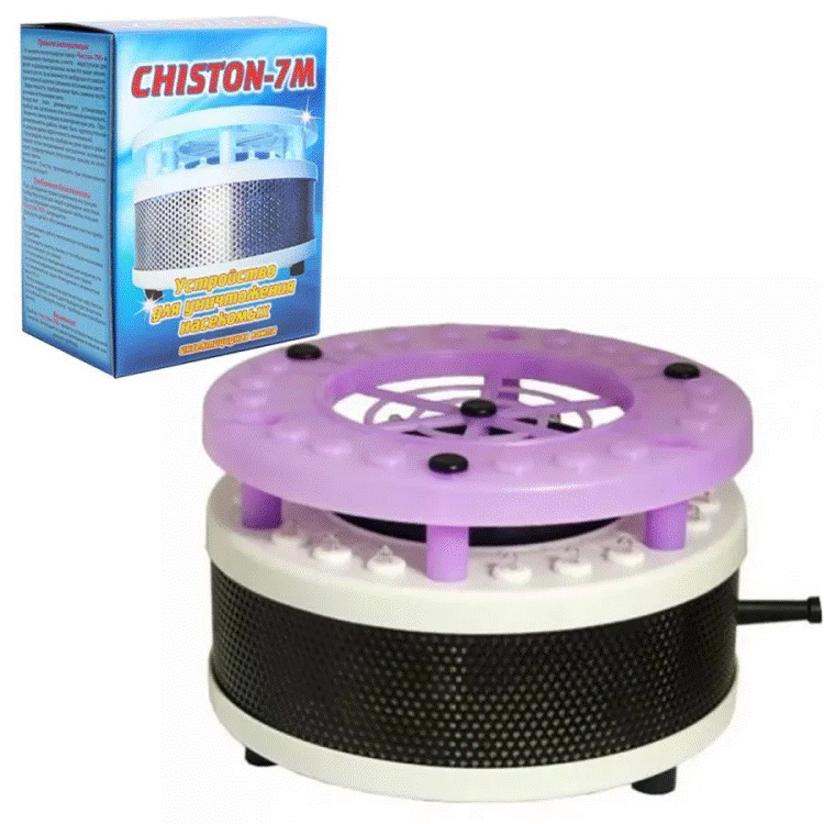 <b>Чистон 7М</b> - новейшая разработка для эффективного уничтожения комаров и мух. Для привлечения - ультрафиолетовый свет от светодиодов,  вентилятор - для поимки насекомых.