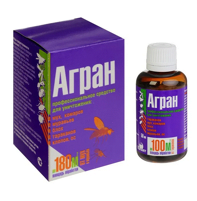  Агран - препарат от клопов, муравьев и тараканов, мух, ос, блох, флакон 50 мл, на 100 кв.м