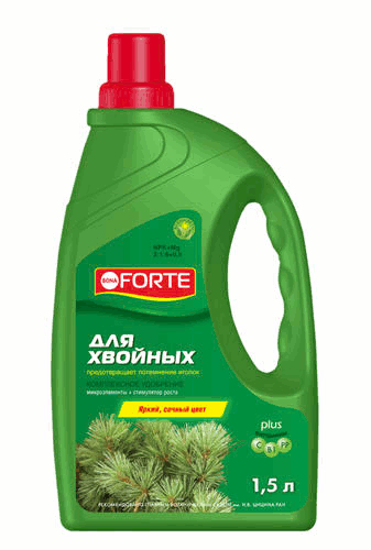 Жидкое комплексное удобрение для хвойных растений Bona Forte 1,5л улучшает приживаемость, не дает иголкам коричневеть и темнеть Уникальный насыщенный состав с микроэлементами и витаминами для хвойных растений - удобрение Bona Forte 1,5 литра