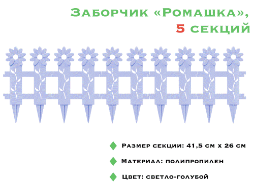 Заборчик декоративный «Ромашка» L=130 см. 5 секций 26х41,5 см. Цвет: голубой.